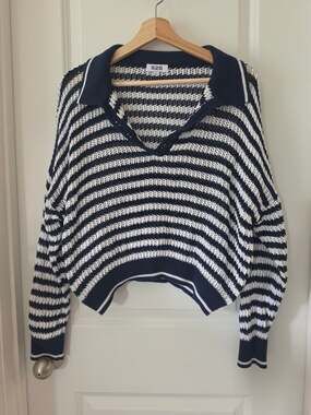 525 America Stripe Collared Pullover Navy and White Open Knit Sweater Nautical